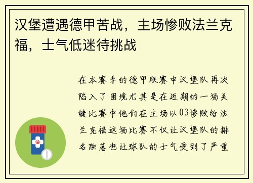汉堡遭遇德甲苦战，主场惨败法兰克福，士气低迷待挑战