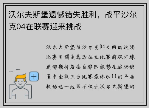 沃尔夫斯堡遗憾错失胜利，战平沙尔克04在联赛迎来挑战